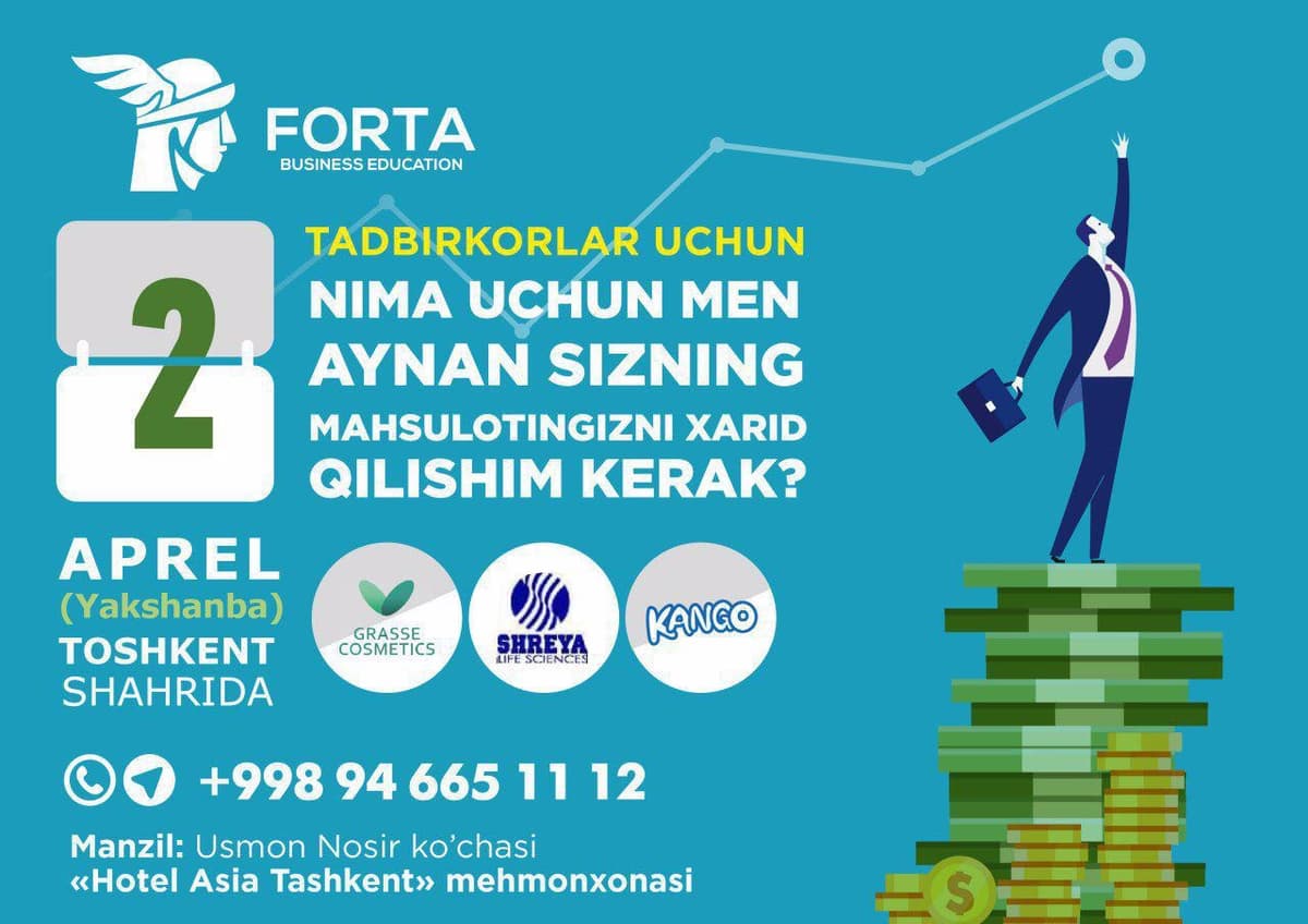Tadbirkorlar orasida shov-shuvlarga sabab bo‘layotgan biznes-seminarga 6 kun qoldi. O‘tkazib yubormang!!!