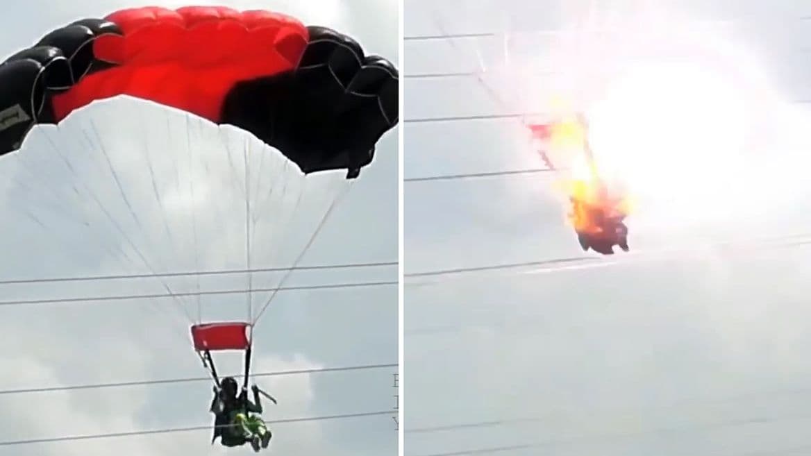 Ayol parashyutchi elektr uzatish liniyasi bilan to‘qnashib ketdi (video)