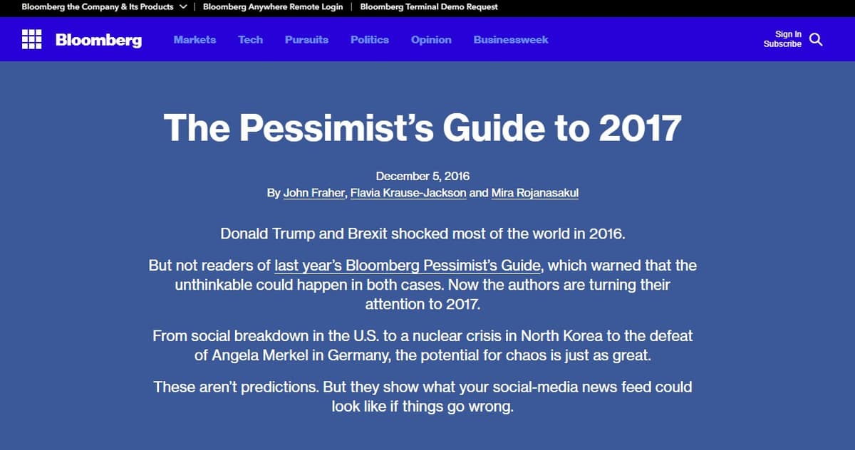 Bloomberg agentligi pessimistlar uchun 2017 yil qo‘llanmasini e'lon qildi