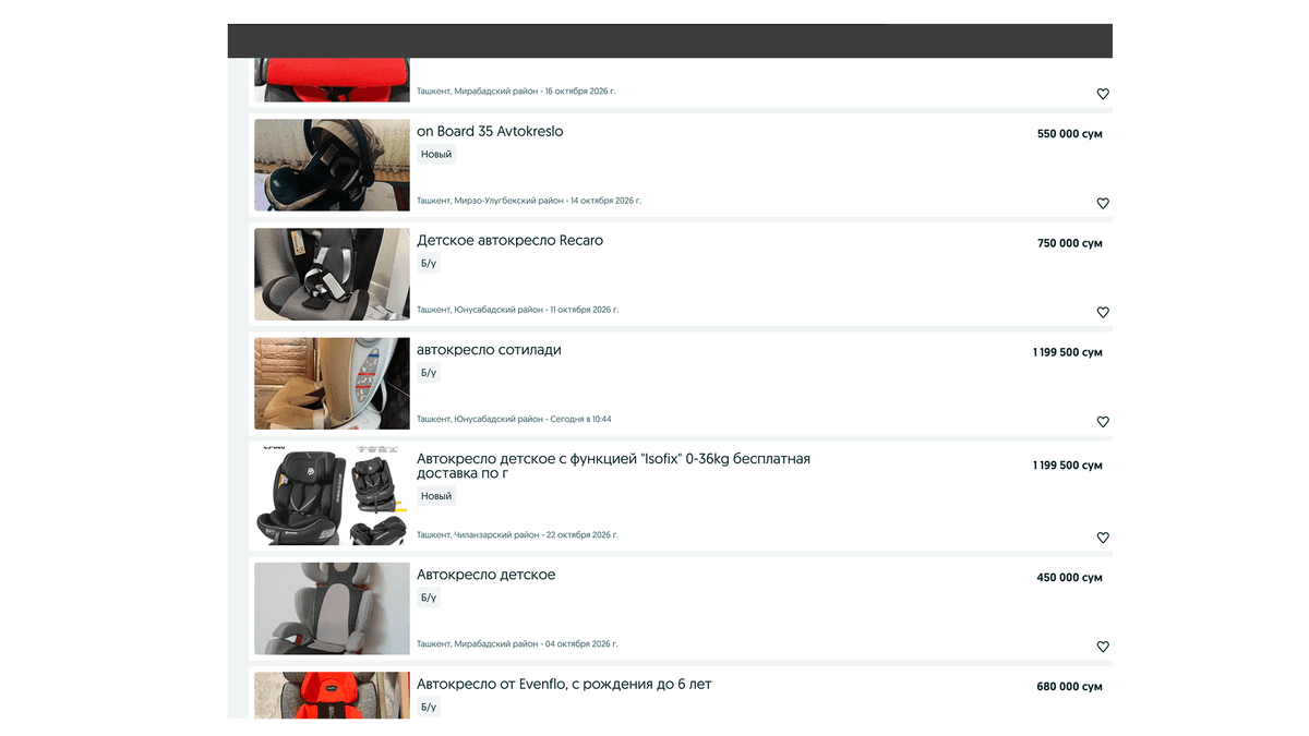 Olx avtokreslo qidiruv sahifasi.