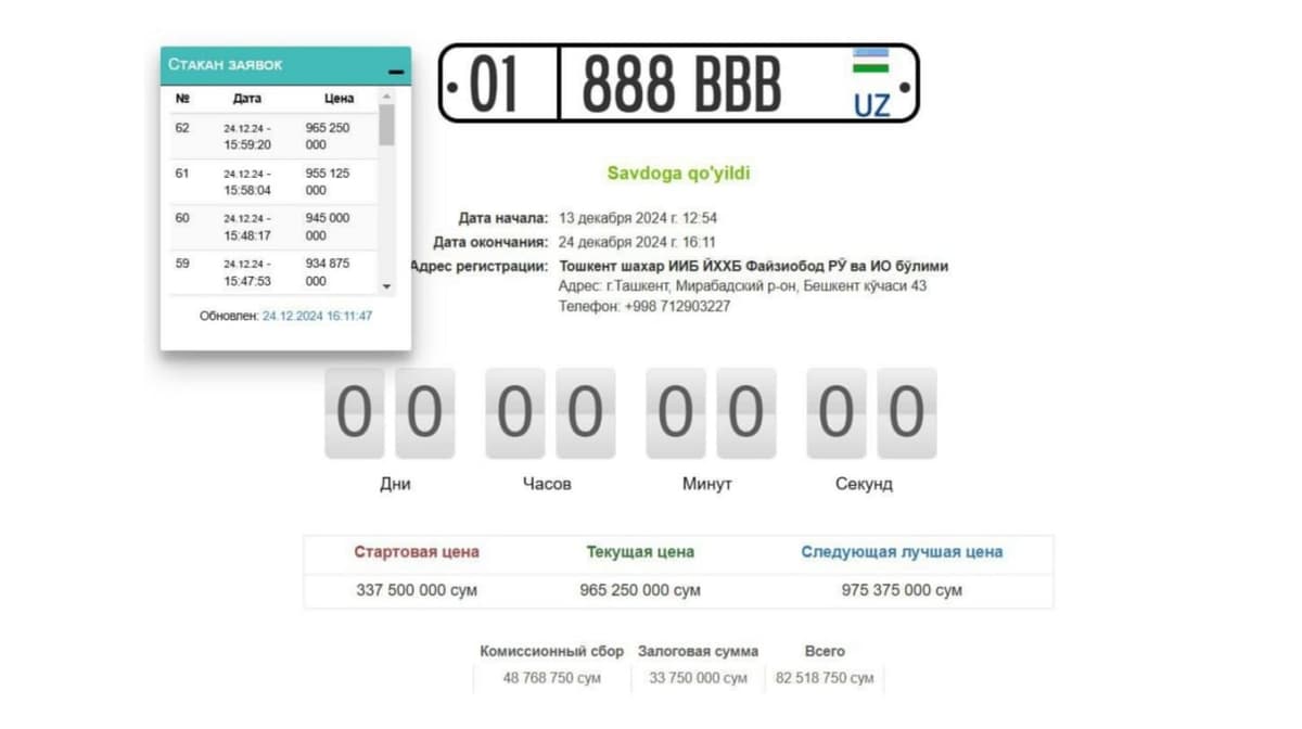 License plate sale in online auction sets new price record, surpassing 1 billion UZS