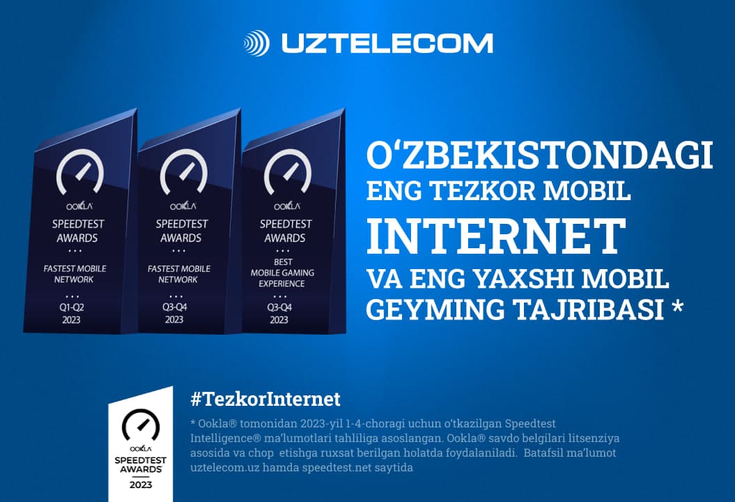 UZTELECOM o‘z yetakchiligini Internet sinovlari bo‘yicha jahonning yirik kompaniyasi Ookla®ning  ikkita oliy mukofoti bilan tasdiqladi