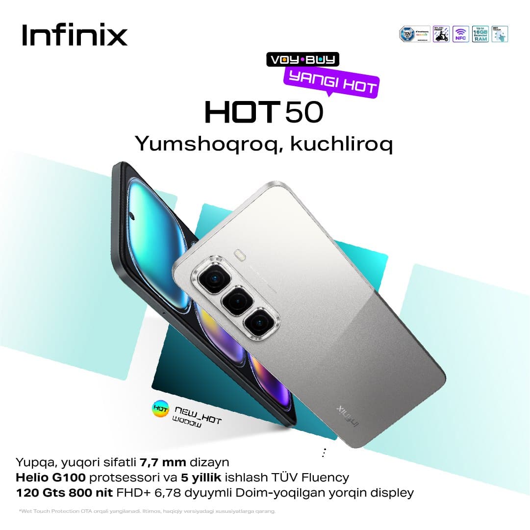  INFINIX HOT 50: yorqin 120 Gs ekranli zamonaviy taklif