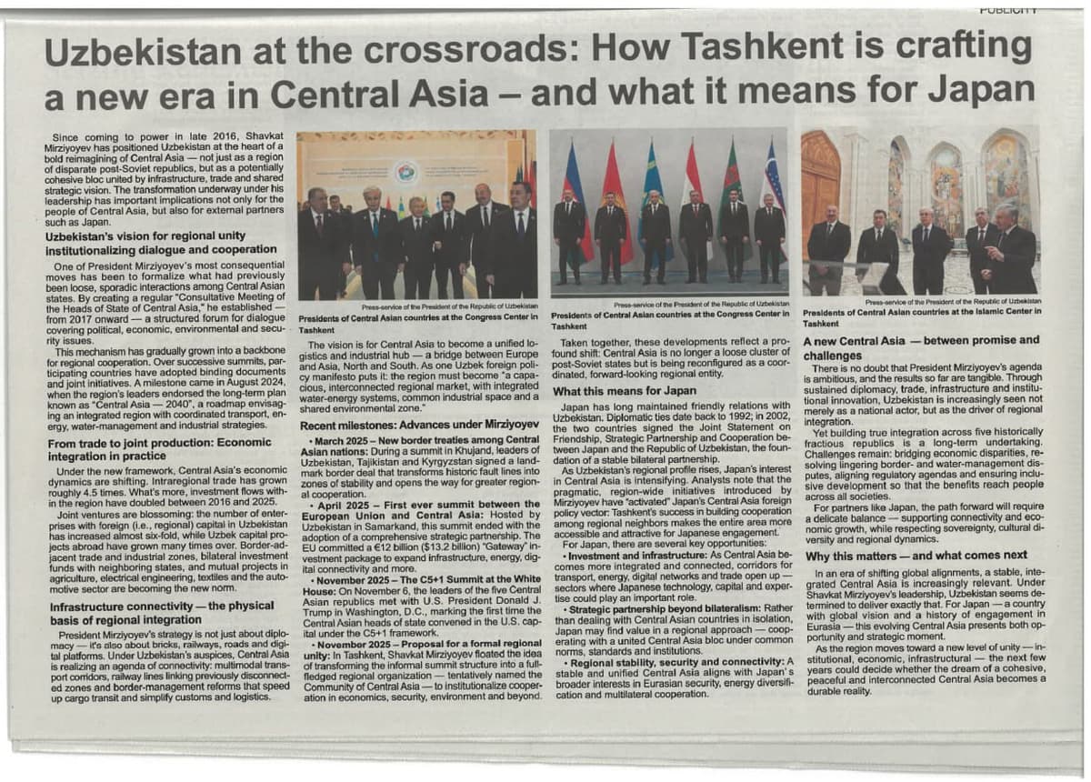 The Japan News: «O‘zbekiston chorrahada - Toshkent Markaziy Osiyoda yangi davrni shakllantirmoqda»