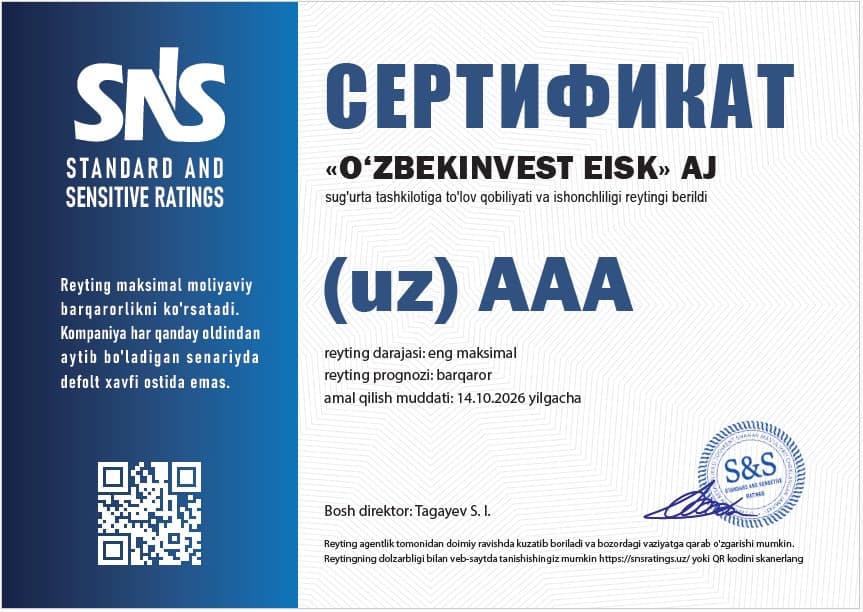 «O‘zbekinvest» kompaniyasi milliy shkala bo‘yicha to‘lov qobiliyati va ishonchlilikning eng yuqori darajasi - «AAA» reytingiga sazovor bo‘ldi