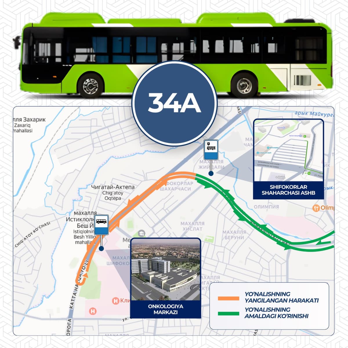 34-sonli avtobus yo‘nalishi harakat sxemasiga o‘zgartirish kiritildi