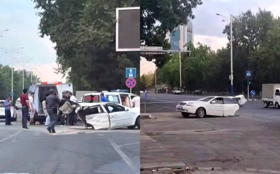 Lacetti разорвало пополам в ДТП на перекрёстке в Ташкенте