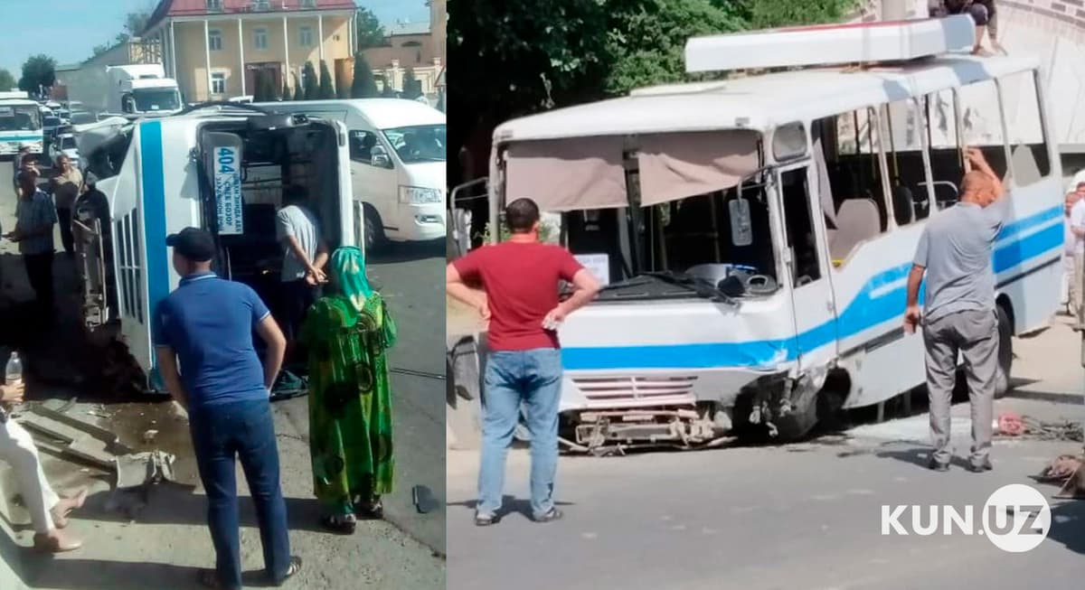Foto: Samarqandda yo‘lovchi avtobus ag‘darilib ketdi