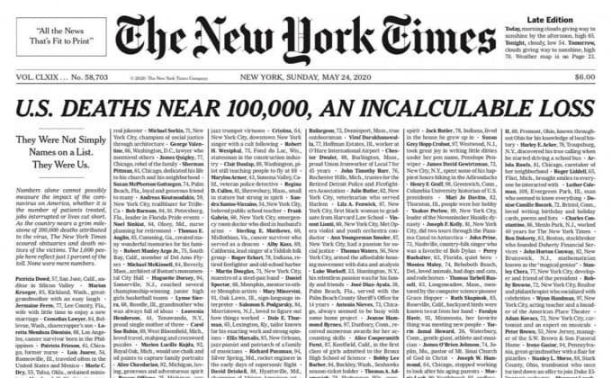 New York Times gazetasi birinchi sahifasini koronavirus qurbonlariga bag‘ishladi