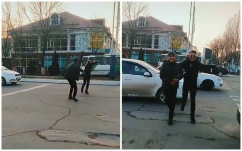 В Гулистане молодые парни станцевали на проезжей части 