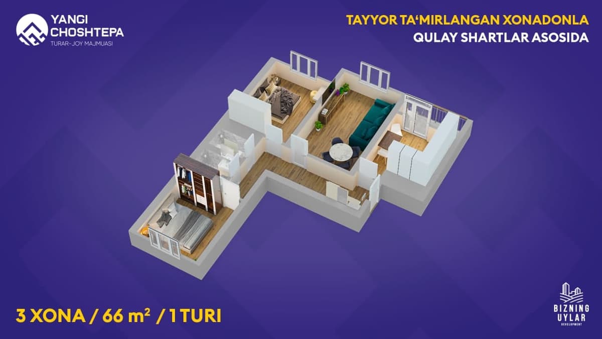 Yangi ChoshTepa turar joy majmuasi 36 dan 67 m² gacha bo‘lgan tayyor ta'mirlangan xonadonlarni taklif etadi