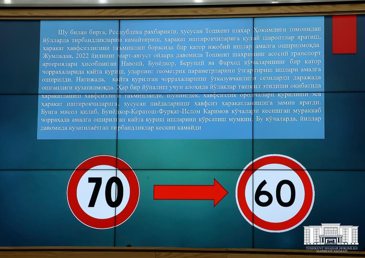 На некоторых улицах Ташкента скорость движения снизили до 50 км/ч