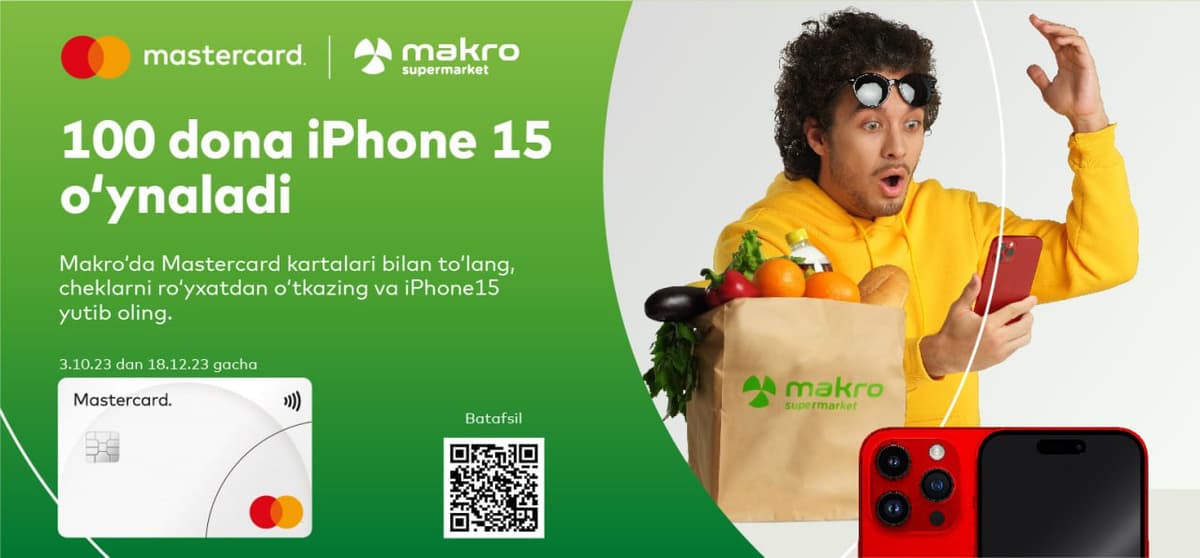 Mastercard aksiyasida iPhone 15 yutib olishning yo‘li: Makro'da 100 ta smartfon o‘ynaladi