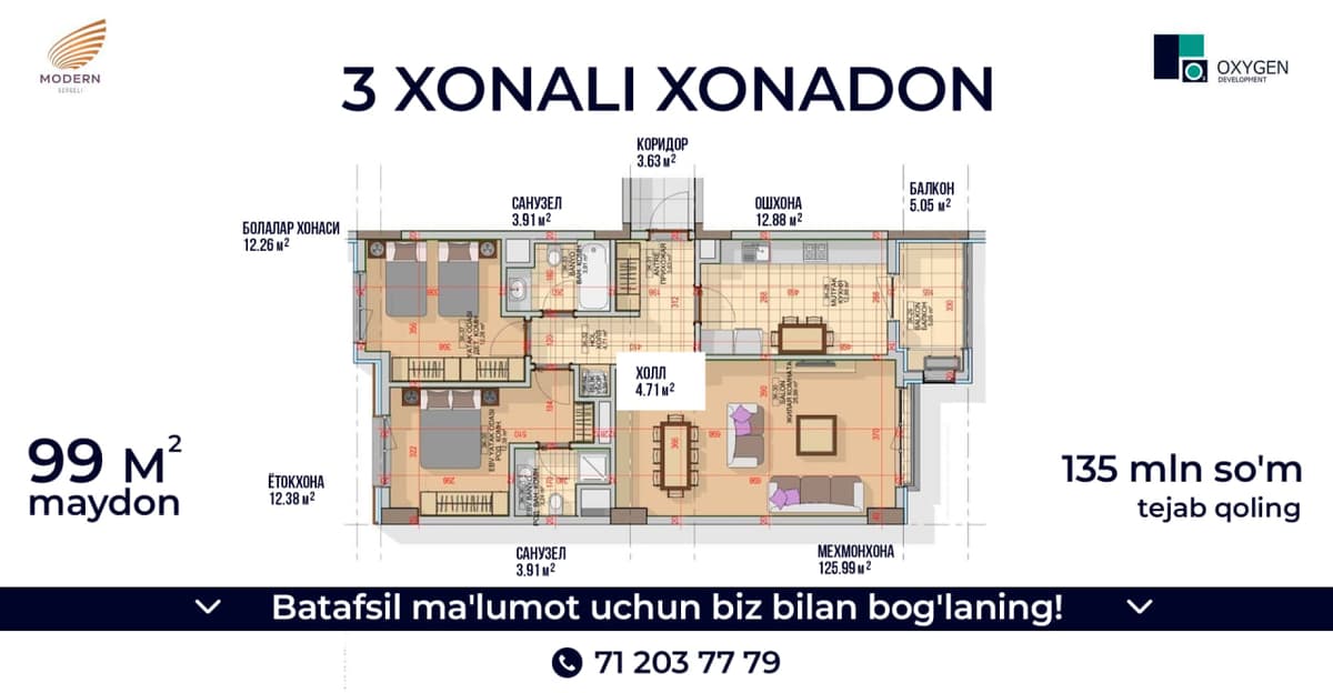 3 xonali xonadon xaridida 135.000.000 söm tejab qoling!