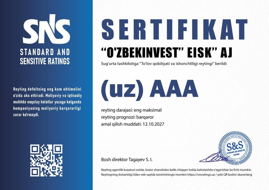«Özbekinvest» SNS RATINGS agentligining eng yuqori «(uz)AAA» reytingini saqlab qoldi