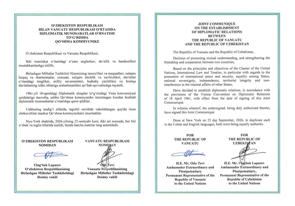 Uzbekistan establishes diplomatic relations with Vanuatu