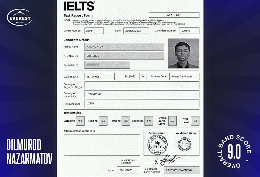 EVEREST o‘quv markazida IELTS imtihonidan O‘zbekistondagi kuchli overall 9.0 natijasi qayd etildi!