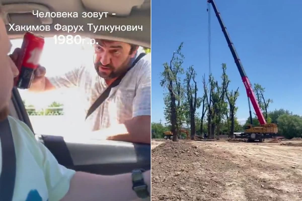 Sobiq MXX binosidan daraxtlarni ko‘chirayotgan firma rahbari fotografning boshidan ichimlik to‘kdi