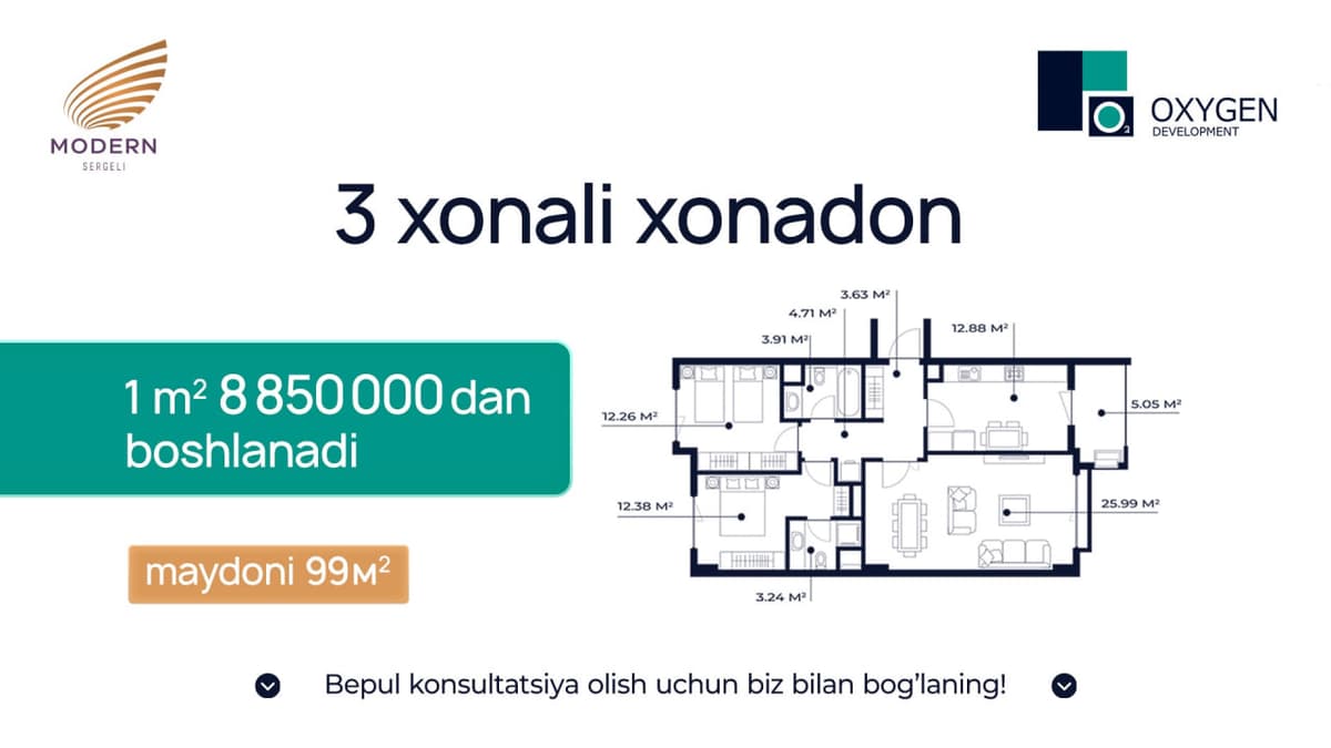 3 xonali xonadonlar 1 m² uçun 8.850.000 sömdan!