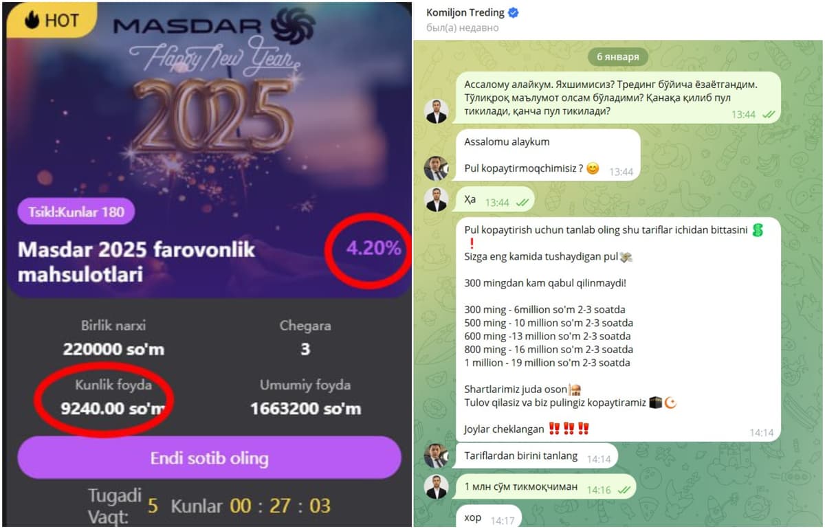 Tarmoqlarda yangi firibgarlar: faollashayotgan tredingchilar, 2 kunga “prava” va Masdar niqobidagi moliyaviy piramida
