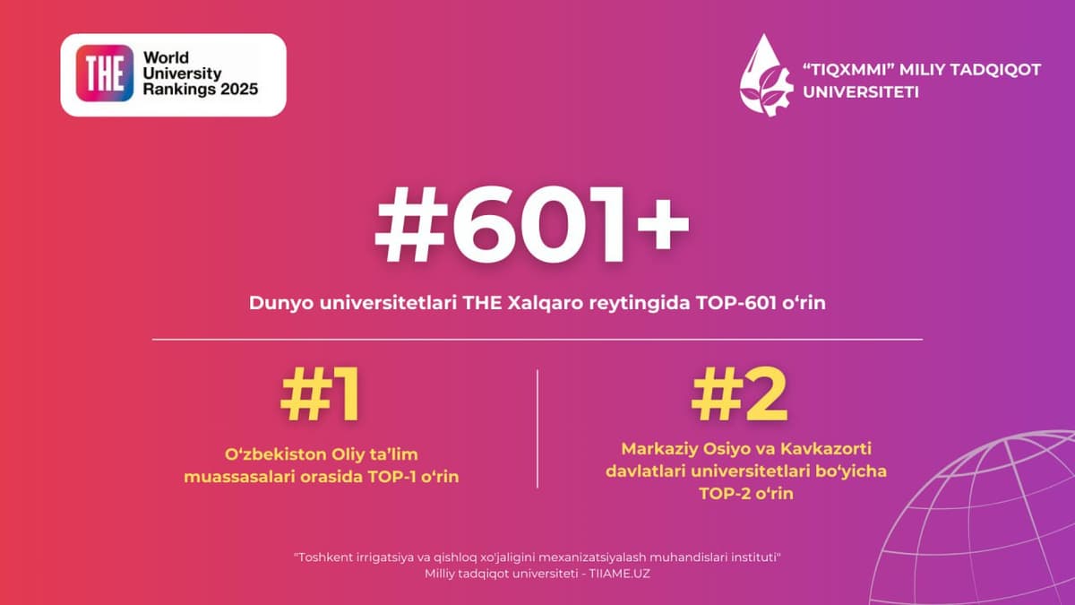 “TIQXMMI” Milliy tadqiqot universiteti yana bir nufuzli reytingda dunyoning TOP-1000 talik universitetlari safidan joy oldi