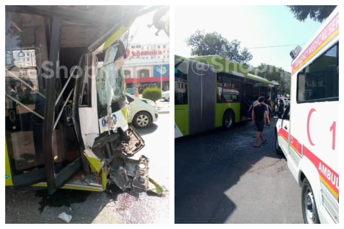 Two accordion buses collide in Tashkent