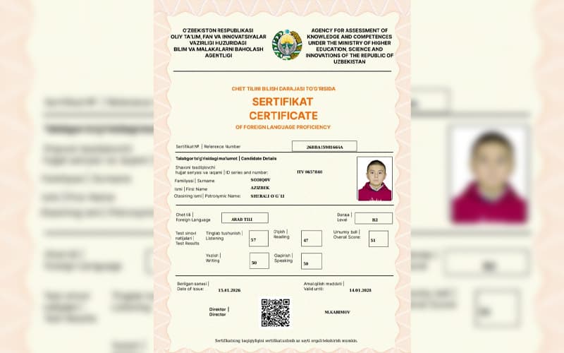 Паркентда 6-синф ўқувчиси араб тилидан B2 сертификатини қўлга киритди