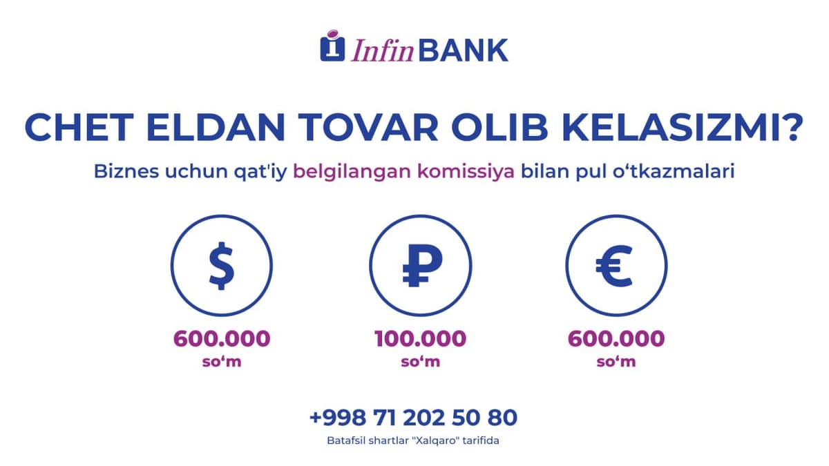 InfinBANK biznes uchun xalqaro pul o‘tkazmalariga qat’iy belgilangan to‘lovni joriy qildi