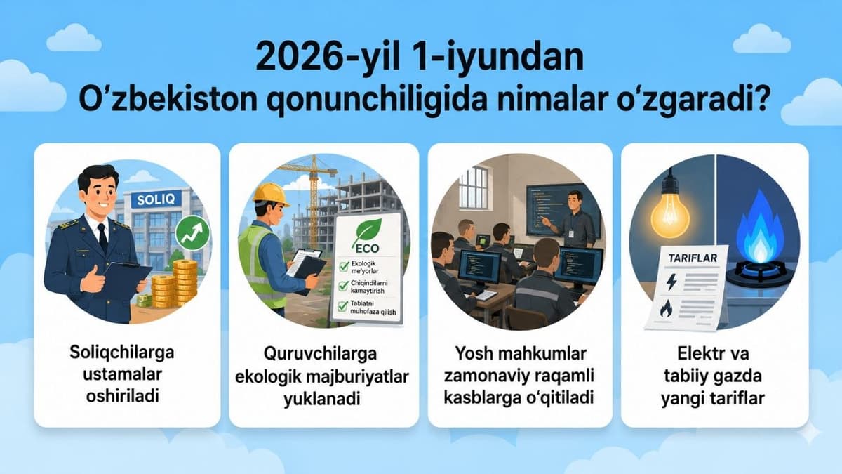 Qurilishda ekotalablar, “Ichan qal’a”da elektrokar taqiqi va ustamasi oshadigan soliqchilar: 1 iyundan nimalar o‘zgaradi?