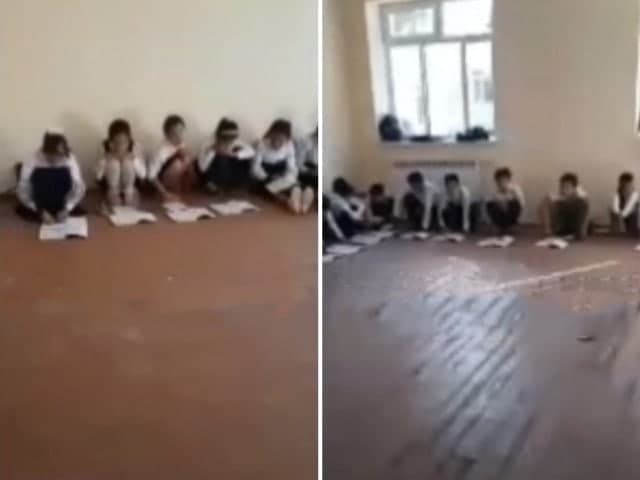 Qashqadaryodagi maktabda o‘quvchilar parta bo‘lmagani uchun polda o‘tirib dars o‘tishdi
