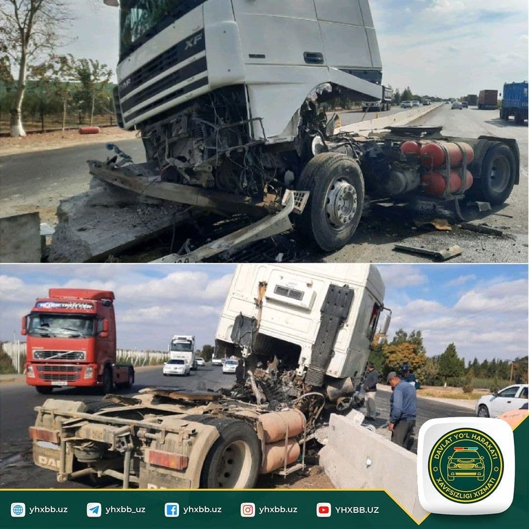 Buxoroda yuk avtomobili beton to‘siqqa urildi