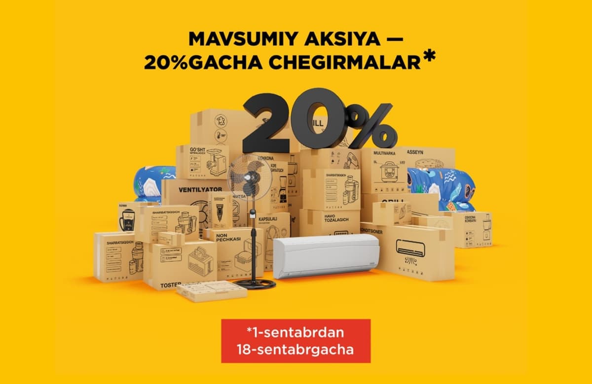 Texnomart'da 1300dan ortiq texnika uchun 20%gacha chegirmaga ega bo‘ling!