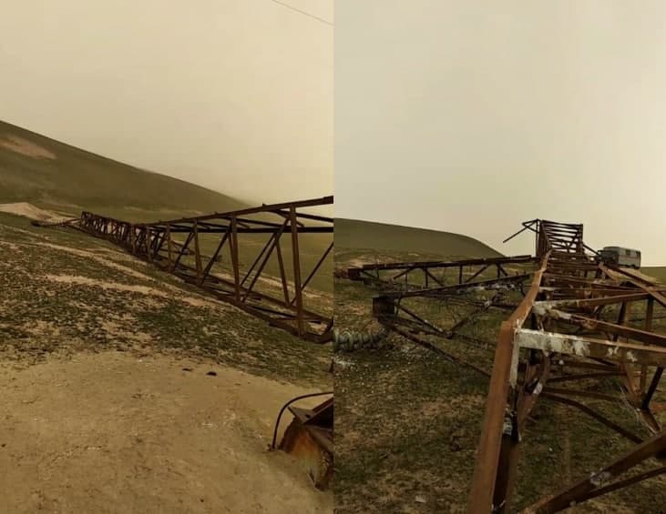 Kuchli shamol Qashqadaryodagi yuqori kuchlanishli elektr uzatish tarmog‘i ustunini yiqitdi