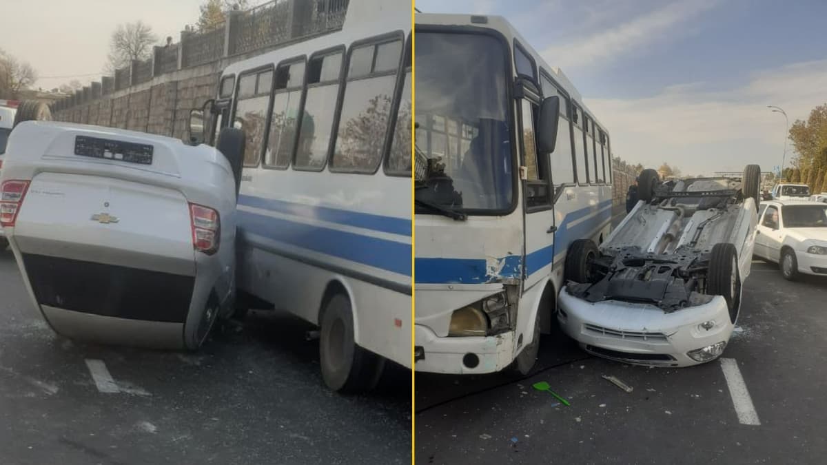 Samarqandda yölovçi avtobusi bilan töqnaşgan Cobalt ağdarilib ketdi