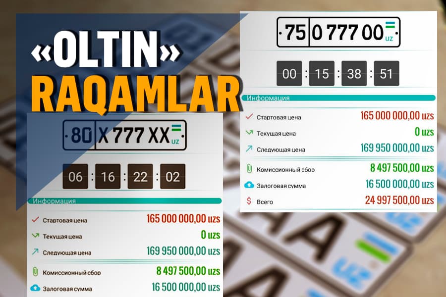 Талабга қараб таклиф: айрим чиройли авторақамлар бошланғич нархи 165 млн сўмдан аукционга чиқарилди