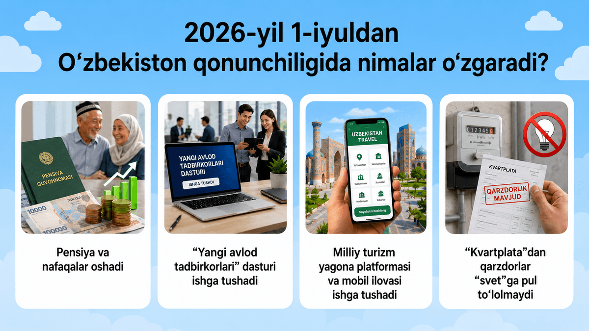 Oshadigan pensiya, yoshlarga yangi dastur va “kvartplata”dan qarzdorlarga “jazo”: 1 iyuldan nimalar o‘zgaradi?